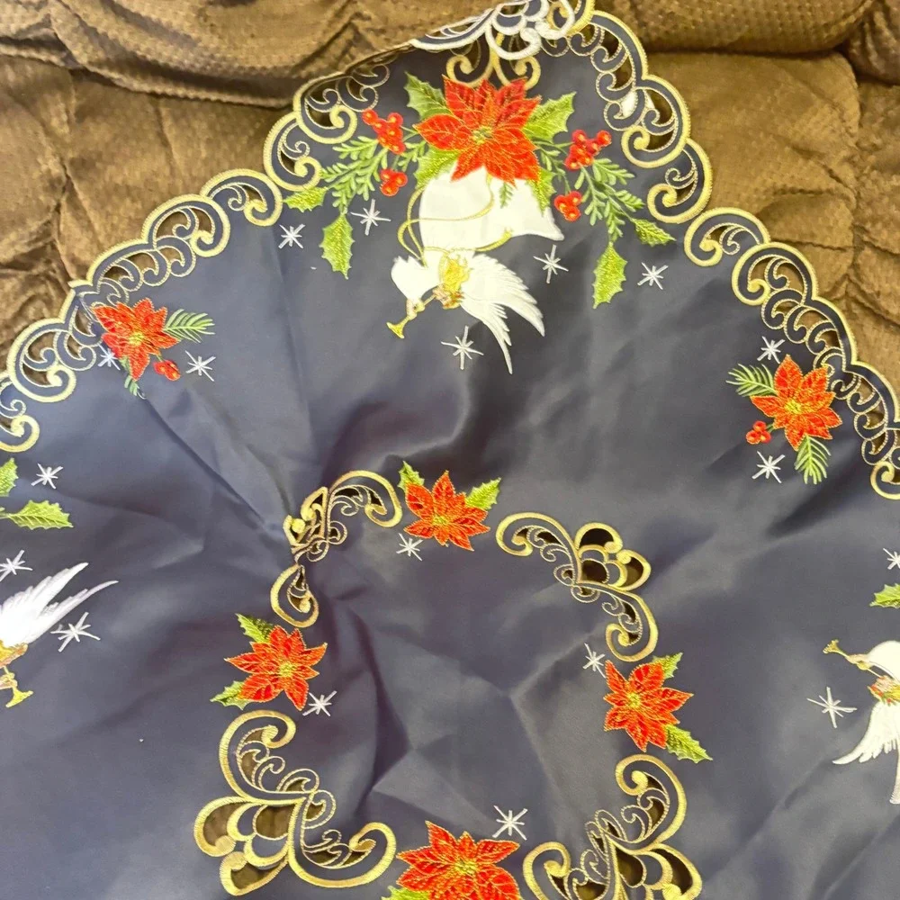 Vintage Square Table Topper 33in Navy Blue Angel Poinsettia Holiday Christmas